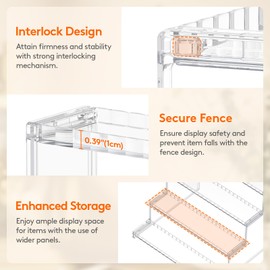 Lifewit 4 Tier Clear Display Riser Stand with Decorative Secure Fences, Tool-free Assembly, Plastic 12 Inch Perfume Organizer, Display for Figures, Cupcake, Dessert, 1-pack