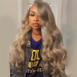 Rina 200% Density Milk Tea Ash Blonde Lace Front Wig Human Hair Upgrades Body Wave Platinum Grey Balayage Lace Front Wig More Full and Thicker 13x4 HD Invisible Frontal Wig for Women 28 Inch