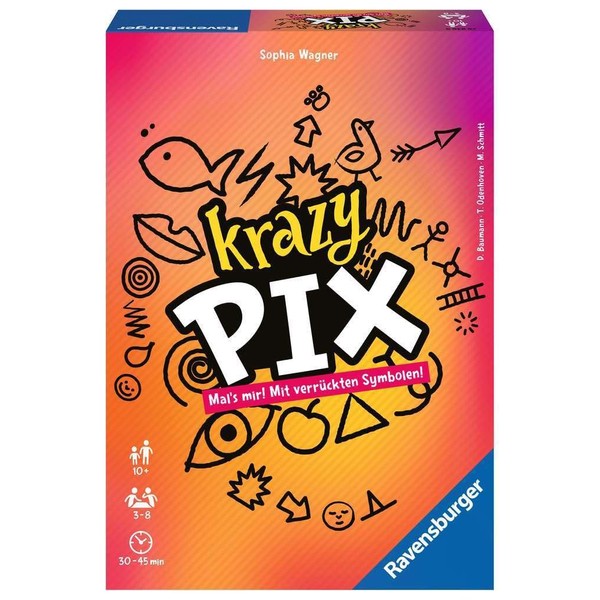 Krazy Pix: 1680Aufgabenkarten / 64 Tippkarten / 8 Zahlenkarten / 8 Spielertableaus / 92 Punkte-Chips / 100 Symbolblättchen / 1 Spielanleitung