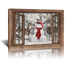 Christmas Wall Art Rustic Snowman Pictures Farmhouse Christmas Painting Vintage Xmas Deer Wall Art Picture Framed 12x16inch