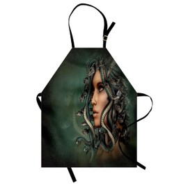 Ambesonne Mythological Apron, Woman with Snake Hair on Her Head Historic Style Myth Illustration Print, Small Apron Bib with Adjustable Ties for Baking Painting, Small Size, Green and Tan