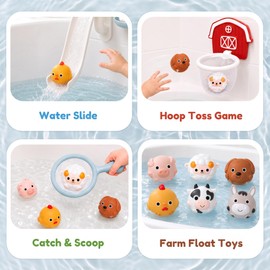 CZTCDP No Hole Bath Toys for Toddlers 1-3, 6 Pcs Farm Animal Bathtub Toys with Basketball Hoop and Slide, Shower Play Set, Gifts for Boys and Girls