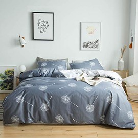 YuHeGuoJi 3 Pieces Duvet Cover Set 100% Cotton Queen Size Gray White Dandelion Bedding 1 Grey Reversible Floral Print Duvet Cover with Zipper 2 Pillowcases Hotel Quality Soft Lightweight Comfortable