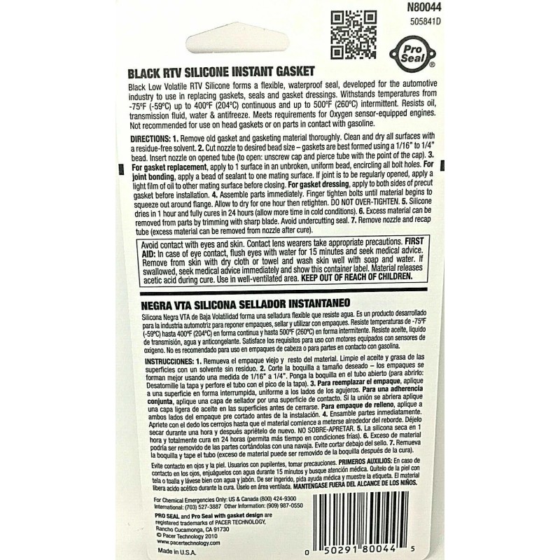 ProSeal Adhesive Black Rtv Silicone Instant Gasket 1 oz Low