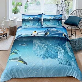 XPINGO Children's Bed Linen Penguin 135 x 200 cm 2-Piece Boys and Girls 100% Microfibre Summer Soft Winter Warm Duvet Covers 3D Winter Theme Duvet Cover with Pillowcases 80 x 80 cm