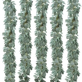 JUSTOYOU 5 Pack Fake Silver Dollar Eucalyptus Greenery Garland Plants, 6.5 Feet Artificial Eucalyptus Leaves Vines for Wedding Table Backdrop Arch Wall Decor Runner Doorways Decoration Indoor Outdoor