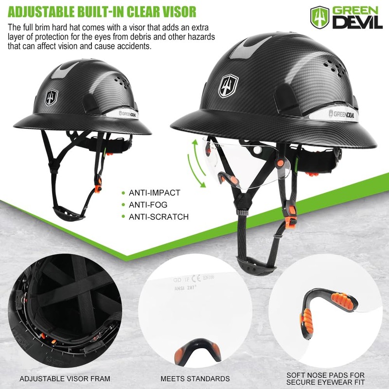 GREEN DEVIL Full Brim Hard Hat with Built-in Visor Vented
