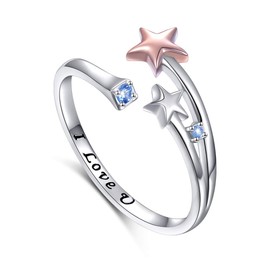Flyow 925 Sterling Silver Jewellery Adjustable Open Rose Gold Stars Ring for Women and Girls with Engraving I Love You, Silver