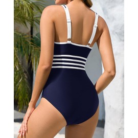 Aqua Eve One Piece Swimsuits Bathing Suit - Women Sporty Color Block Athletic Full Coverage Swimwear Navy Blue and White XL