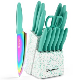 KATISUN Kitchen Knife Set with Block, 15 Piece Rainbow Titanium Coated Stainless Steel Knives Set, Built in Sharpener, Anti-Rust and Dishwasher Safe, 12 Knives with Kitchen Shears and Block