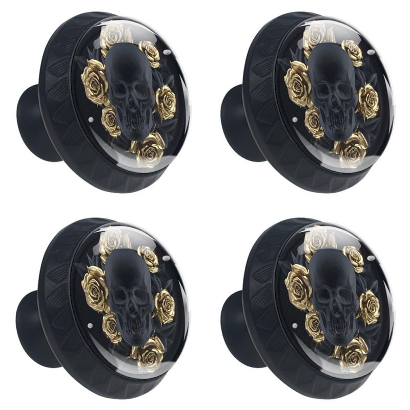 Black Skull with Gold Rose 4Pack of Kitchen Cabinet Knobs