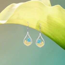 UYBNRK Butterfly Sunflower Earrings for Women 925 Sterling Silver Butterfly Earrings Dangle Drop Earrings Boho Bohemian Dangling Earrings Hypoallergenic Flower Butterfly Jewelry Gift for Women