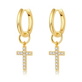 DAILY VIBES Gold Cross Dangle Earrings for Women Hypoallergenic Dainty 14K Gold Plated Mini Cubic Zirconia Cute Drop Cartilage Small Huggie Hoop Earrings for Women
