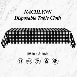 NACHLYNN 6 Pack Disposable Plastic Tablecloths 54 x 108 Inch Black Gingham Rectangle Table Cover for Holiday Party Engagement Weddings Baptism Birthday Decoration