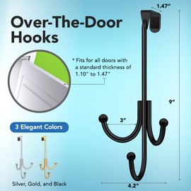 LEVAF 2-Pack Over The Door Hook - with 3 Hang Heads & Snug Fit Pads- 2Pcs Heavy Duty Hooks for Hanging Coats, Towels, Caps & Robes - Elegant Matt Finish - No Drill Hanger Organizer - Black