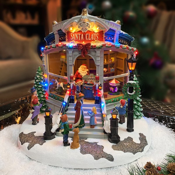 Moments In Time Christmas Village Building, Santa's Toy Shop with Christmas Music, LED Lights, and Animation - Power Adapter (Included) (15.35" H x 16.5" W x 15.2" D)
