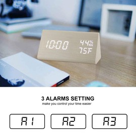 Digital Alarm Clock, with Wooden Electronic LED Time Display, 3 Alarm Settings, Humidity & Temperature Detect, Wood Made Electric Clocks for Bedroom, Bedside (White)