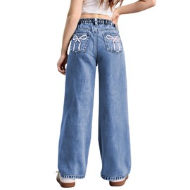 WDIRARA Girl's Bow Print Back Zipper Fly Elastic High Waist Denim Pants Basic Wide Leg Jeans Blue Pink 12Y