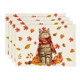 Artoid Mode Cat Pumpkins Maple Leaves Autumn Place Mats Set of 4, 30 x 45 cm, Holiday Place Mats, Washable Place Mats, Kitchen Party Decoration