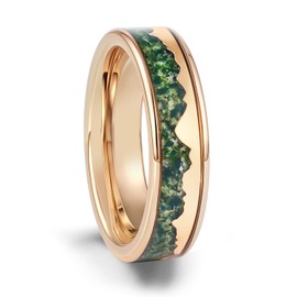 Oaineyia 6mm Green Moss Agate Stone Mountain Landscape Rose Gold Tungsten Rings for Women Men Promise Engagement Wedding Band (Rose Moss, 9)