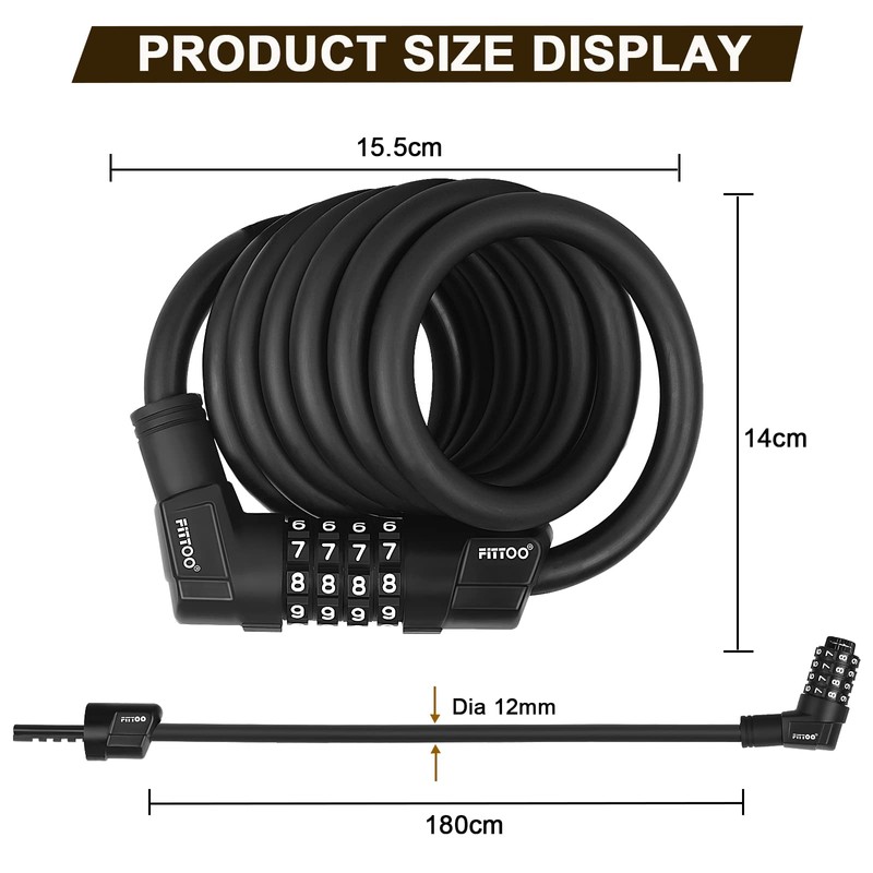FITTOO Cable Lock 180CM, Combination Safety Code Lock, Multiple Using
