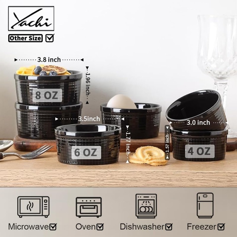Yachi black Ramekins 6 oz, Dishwasher, Oven Safe Soufflé Dishes