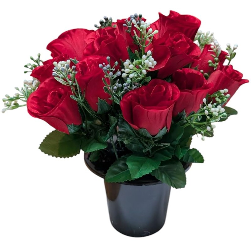 INERRA Cemetery Grave Flower Pot with Artificial Red Rosebud Roses