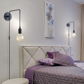 Anlampha Plug in Wall Sconces Set of 2, Black Wall Lamp with Plug in Cord,Vintage Industrial Wall Mounted Lighting for Bedroom Bedside Living Room Home Hallway