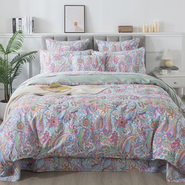 FADFAY Paisley Duvet Cover Set Bohemian Damask Paisley Bedding Pink Boho Paisley Comforter Cover Set 100% Cotton Ultra Soft Quilt Cover with Hidden Zipper Closure 3Pcs, King/California King Size