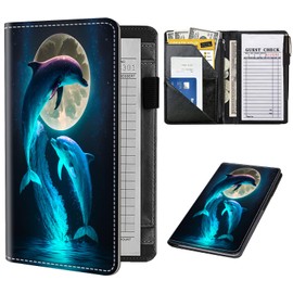 Server Book for Waitress,Leather Waitress Book Organizer with Zipper Pocket Waiter Book Server Wallet Fit Server Apron and Guest Check Books for Servers Waitress Notepad,Cute Dolphins and Moon