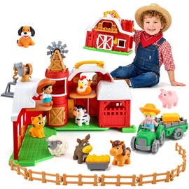 SOCBTNSO 30 PCS Big Red Farm Barn Playset, Interactive Play Farm Animal Toys , Realistic Animal Figures and Tractor for Kids 3-5, Educational & Pretend Play Baby Gift for Toddlers 18 Month 2 Year Old