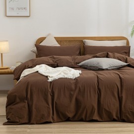 BESTOUCH Duvet Cover Set 100% Washed Cotton Linen Feel Super Soft Comfortable Chic Lightweight 3 PCs Home Bedding Set Solid Cocoa Brown Full/Double