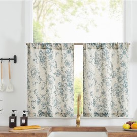 Jinchan - Cortinas de lino para cocina, diseño de flores francesas de 30 pulgadas, estilo clásico, café, ventana pequeña, rústico, media ventana, para sala de estar, baño, 2 paneles azul sobre beige