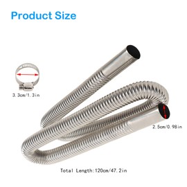Apriciter Diesel Heater Exhaust Pipe, 120cm Car Exhaust Pipe with 2 Clamps, Stainless Steel Exhaust Pipe, Air Heater Exhaust Pipe, Parking Heater Exhaust Pipe Gas Vent Hose Exhaust Hose for Auto