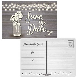 50 Rustic Theme Save The Date Postcards - 4" x 6" Postcards - Wedding, Baby Shower, Birthdays, Celebration Announcements (Rustic Jar)