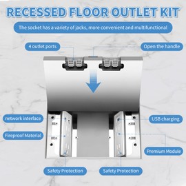 Vagueior Recessed Flat Hidden Floor Electrical Outlet Kit,with 4 * 15A Receptacle+1 * 5V 2.1A USB Charging Ports+2-Port RJ45 Datacom Receptacle，Waterproof Electrical Outlet Covcer Box,Silver