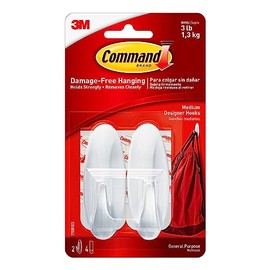 Command 3M Ganchos Adhesivos Removibles, Multiusos, Mediano, Blanco, 2 piezas, Sostiene hasta 1.3Kg, Organiza y decora sin dañar tus paredes