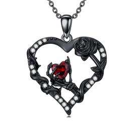Skeleton Necklace for Women 925 Sterling Silver Heart Gothic Skeleton Hand Black Rose Pendant Necklaces Goth Charm Necklace Punk Skull Jewelry Gifts for Women Men Halloween