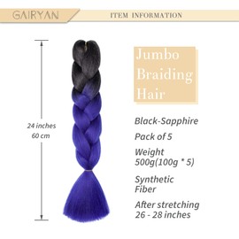 Gairyan Braiding Hair Extensions Ombre Jumbo Braids Synthetic Hair 5packs 24 inches 500g Coloured Hair for Braiding Extensions Box Braids Crochet Twist (Black-Sapphire)