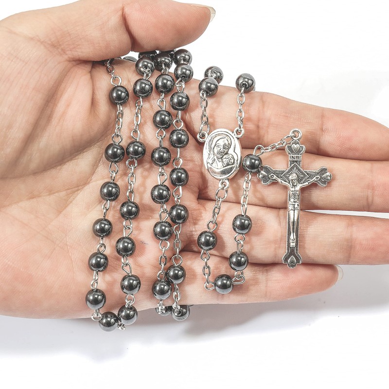 Nazareth Store unisex-adult Hematite Rosary Black Stone Beads Necklace with