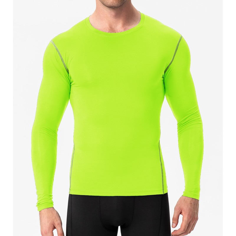Fluorescent Green Compression Shirts Mens Long Sleeve Running Gym Top