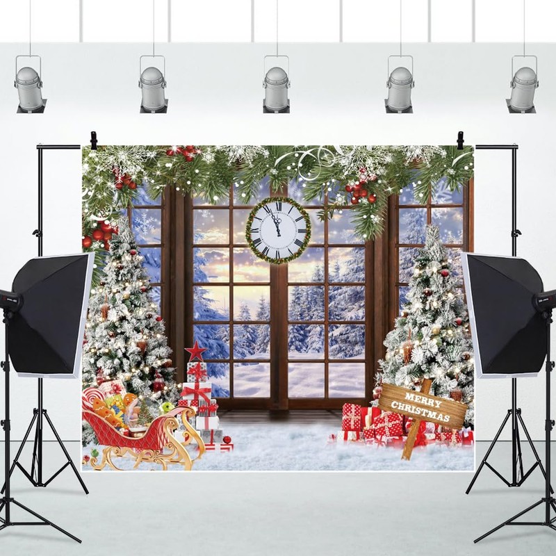 Merry Christmas Backdrops for Photoshoot 10x8ft Window Xmas Clock Winter