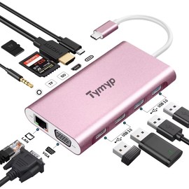 Tymyp USB C Hub, USB C Splitter with 4k HDMI, VGA, 100 W PD, Ethernet, SD/TF, 3.5 mm Audio, 4 USB A, 11 in 1 USB C Adapter for MacBook Pro/Air, Surface Pro and More Type C Devices