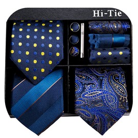 Hi-Tie 3 Pcs Gift Box Mens Tie Set Necktie with Pocket Square Cufflinks Lapel Pin Silk Neck Tie Collection,Blue Mix Paisley