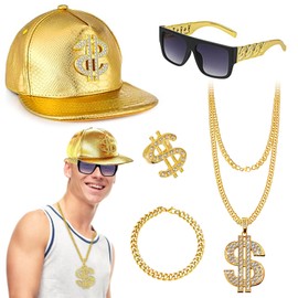 Hip Hop Costume Kit for Women Men, 80s/90s Chunky Rapper Gangster Accessories Set Fancy Dress with Baseball Cap Hat Dollar Necklace Sunglasses Gold Bracelet Ring Outfits for Disco Theme Dress Up Party