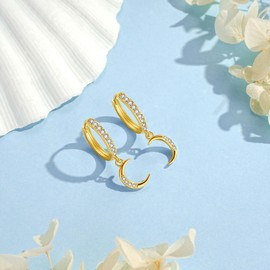 Loutade Silver Drop Hoop Earrings for Women, 925 Sterling Silver Moon Dangle Hoop Earrings, CZ Drop Huggie Cartilage Gold Sleeper Earrings, Hypoallergenic Dainty Gold Hoop Earrings with Moon Dangling
