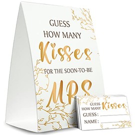 Bridal Shower Game Cards Kit (1 Standing Sign + 50 Guessing Cards), Golden,Guess How Many Kisses For The Soon To Be Mrs,Bridal Tribe Party - RH13