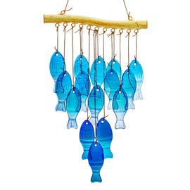 Campanas de viento de vidrio azul de 23 pulgadas, campanillas de viento de vidrio para exteriores, campanillas de viento de pescado hechas a mano, campanillas de viento de vidrio grandes para fiestas en la playa, decoración de boda