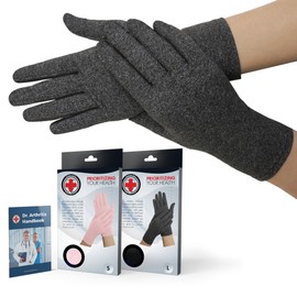 Guantes de compresión para artritis con dedos completos desarrollados por médicos (gris) y manual escrito para médicos, para artritis, enfermedad de Raynauds y túnel carpiano (un par) (pequeño)