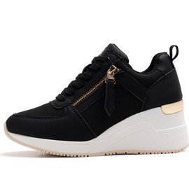 ANJOUFEMME Womens Wedge Trainers Platform Shoes for Women Ladies Heeled Casual Comfortable Trainers,W139,Black,6.5 UK